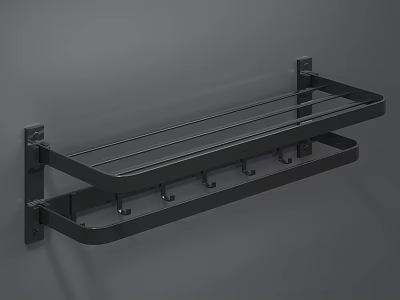 Black Wall Mounted Bathroom Cabinet Rack With Hooks And Double Layer Design 3d model