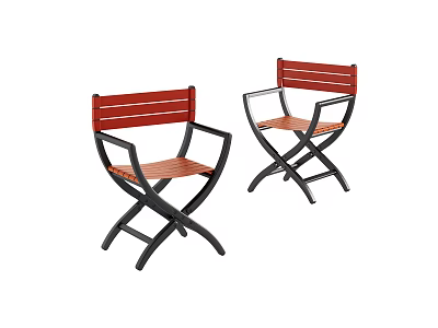 Two Outdoor Leisure Chairs With Red Wooden Slat Back And Black Metal Cross Frame 3d model