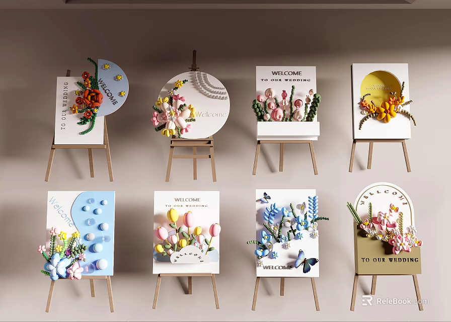 Interactive Area Display With Multiple Easels And Decorative Paintings Featuring Flowers Butterflies Letters 3d model 