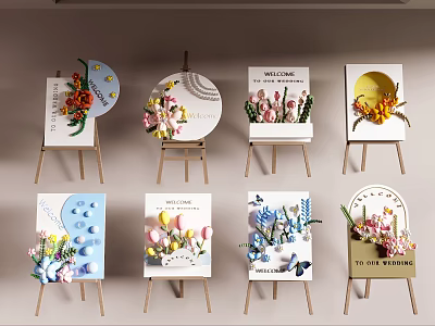 Interactive Area Display With Multiple Easels And Decorative Paintings Featuring Flowers Butterflies Letters 3d model
