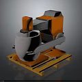 Orange Industrial Mechanical Device With Arm Handling Gray Container On Yellow Pallet