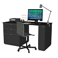 Gray Office Desk with Drawers Computer Monitor Desk Lamp Printer and Wheeled Chair