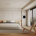 Modern Minimalist Bedroom Interior Design With White Cabinets Wooden Floor And Bedside Table
