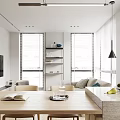 Modern Apartment Living Room With Light Gray Sofa Blue Cushions Large Windows And Dining Table
