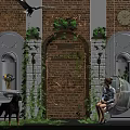 Transparent Spherical Hanging Chair In Interior With Brick Wall Archway Green Plants And Clock