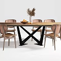 Wooden Dining Table Set with Rattan Back Chairs Black Cross Legs and Fruit Bowl