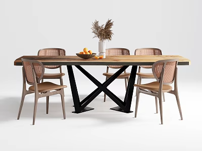 Wooden Dining Table Set with Rattan Back Chairs Black Cross Legs and Fruit Bowl 3d model