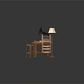 Rustic Dining Table Set With Table Lamp Gramophone Chessboard Books Chairs And Stools 3d model