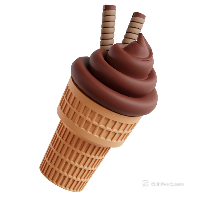 Delicious Chocolate Ice Cream In Golden Waffle Cone With Swirled Creamy Topping 3d model 