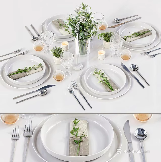 Elegant Decorative Ornament Set For Dining Table With White Plates Cutlery Green Plants And Candles 3d model 