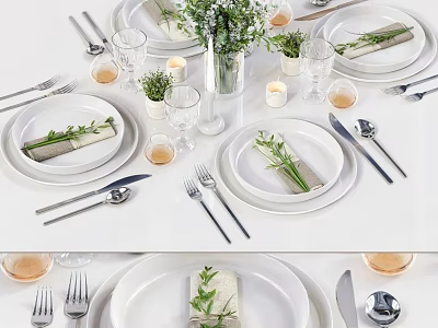 Elegant Decorative Ornament Set For Dining Table With White Plates Cutlery Green Plants And Candles 3d model