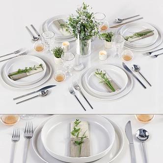 Modern simple table floral tableware decoration combination 3d model