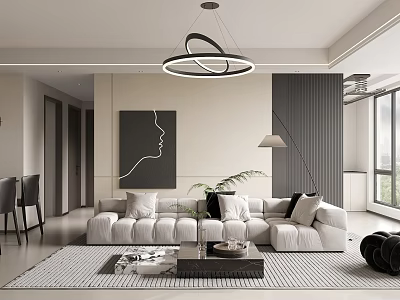 Modern Living Dining Room With White Sofa Circular Chandelier And Floor To Ceiling Windows 3d model