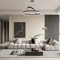 Modern Living Dining Room With White Sofa Circular Chandelier And Floor To Ceiling Windows