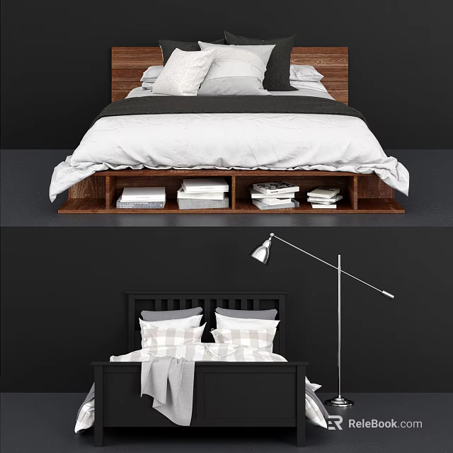 Modern Double Bed With Wooden Headboard White Bedding And Under Bed Storage 3d model