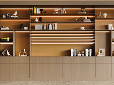 Modern Wooden Bookcase Design With Layered Shelves Books Decorative Items And Warm Lighting 3d model