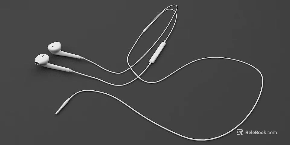 White Wired Headphones With Earbuds In line Control And Long Cable 3d model 