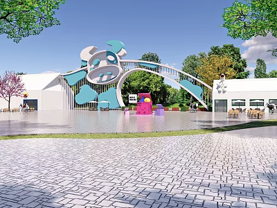 Cartoon Style Arch Shaped Entrance Gate With Colorful Decor And Trees In Paved Square 3d model