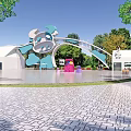 Cartoon Style Arch Shaped Entrance Gate With Colorful Decor And Trees In Paved Square