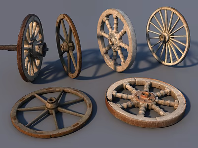 Six Wooden Wheels With Various Styles Different Wear Levels And Designs On Gray Background 3d model