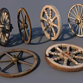 Six Wooden Wheels With Various Styles Different Wear Levels And Designs On Gray Background