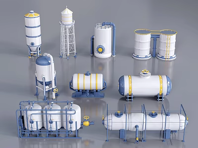Industrial Equipment Including Storage Tanks Water Towers Pressure Vessels And Frames 3d model