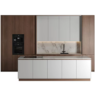 Modern Kitchen Interior With Marble Countertop White Wooden Cabinets Appliances Sink And Faucet 3d model