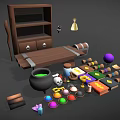 Magic Workshop Setup With Brown Cabinet Bench Black Cauldron Scrolls And Colorful Orbs 3d model