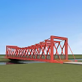 Red Truss Bridge Structure Under Blue Sky With Green Grass And Water 3d model