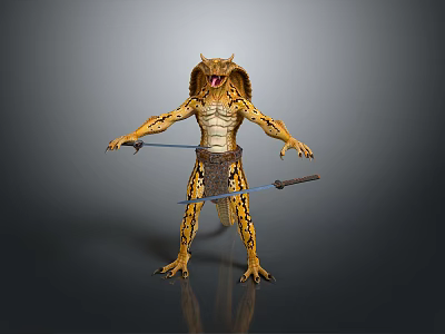 3D Rendered Serpent Creature With Yellow Black Skin Open Mouth Dual Swords And Leather Apron 3d model