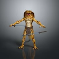3D Rendered Serpent Creature With Yellow Black Skin Open Mouth Dual Swords And Leather Apron