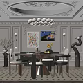 Elegant Restaurant Interior With Round Dining Table Chandelier And Decorative Paintings 3d model