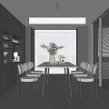 Minimalist Modern Restaurant Interior Featuring Long Dining Table White Chairs And Window Blinds 3d model