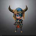Chibi Style Fantasy Warrior Character With Blue Armor Golden Horns And Weapon