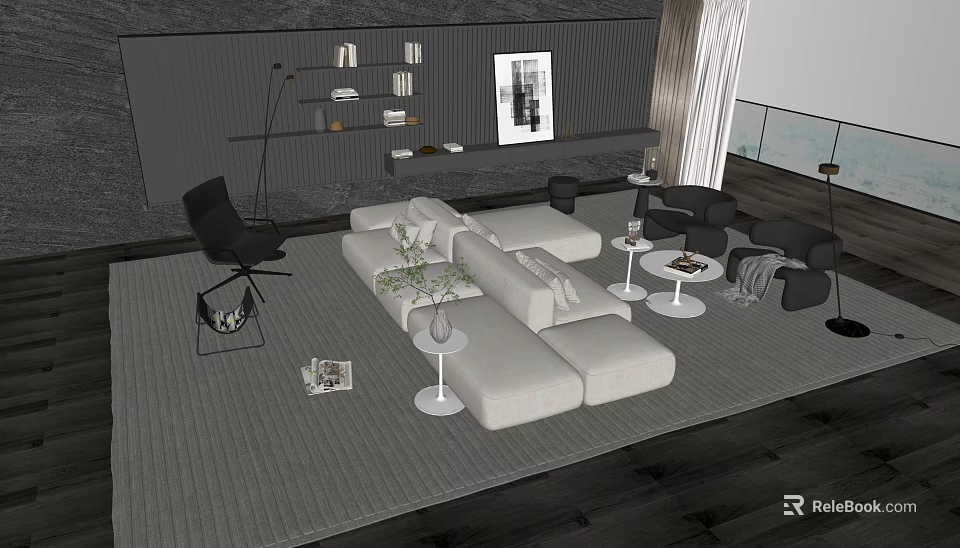 Modern Light Colored Sofa Coffee Table Set With Black Accent Chairs And Floor Lamp 3d model 