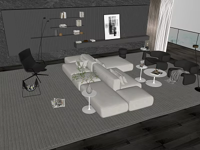 Modern Light Colored Sofa Coffee Table Set With Black Accent Chairs And Floor Lamp 3d model