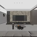 Modern Living Dining Room With Marble Wall TV Beige Sofa Large Window And Coffee Table