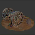 Ancient Cannon Model With Wooden Wheels Iron Barrel And Cannonballs On Brown Base
