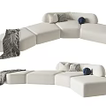 Modern Beige Modular Sectional Sofa with Decorative Pillows and Knitted Blanket 3d model