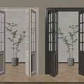 Stylish White And Black Folding Doors With Glass Panes In Interior With Wooden Floor And Plant