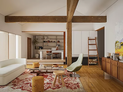 Warm Modern Living Room With Exposed Wood Beams And Cozy Adjacent Functional Home Workspace 3d model
