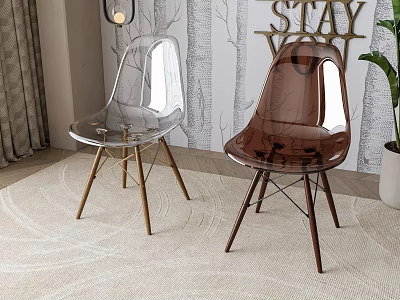 Transparent and Brown Dining Chairs with Acrylic Material and Metal Legs in Modern Home Interior 3d model