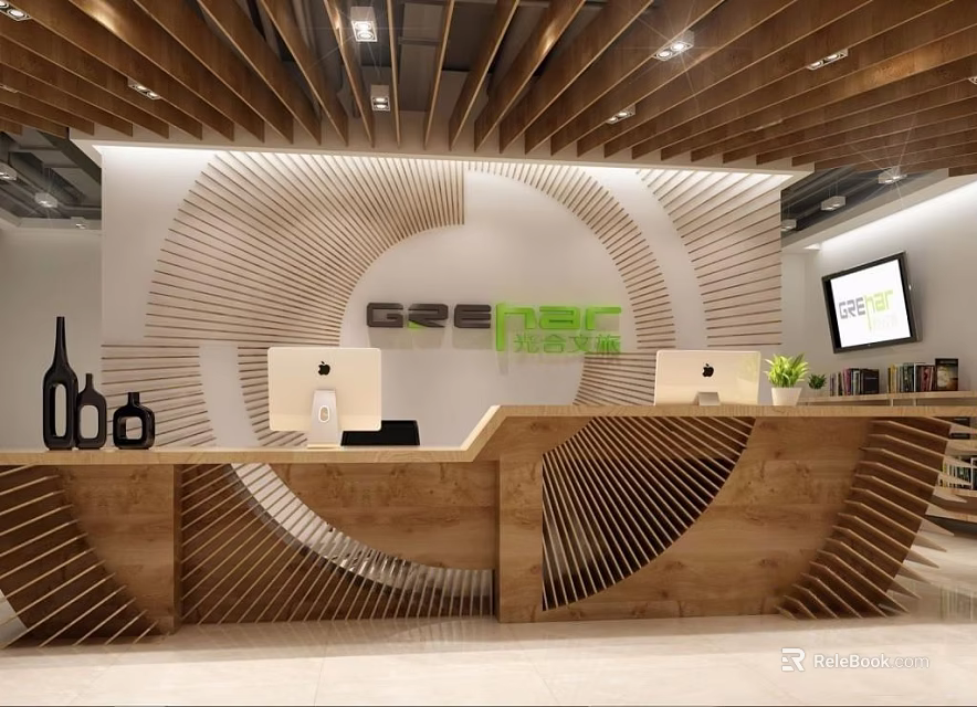Modern Wooden Reception Desk With Circular Pattern Wall And Computers In Office Lobby 3d model 