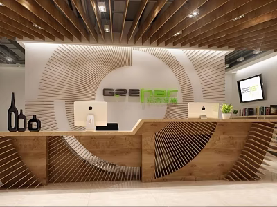 Modern Wooden Reception Desk With Circular Pattern Wall And Computers In Office Lobby 3d model