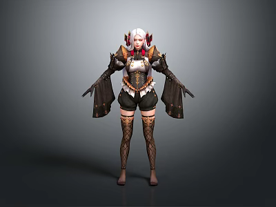3D Female Character Model With Red White Hair Decorative Armor Black Shorts And Fishnet Stockings 3d model