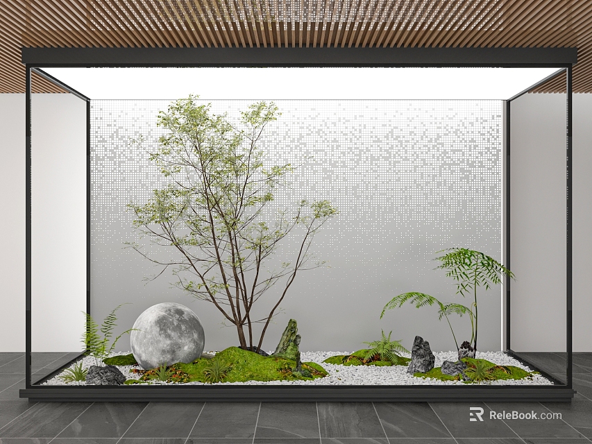 Plant Combination in Glass Container with Decorative Moon Stones Moss and Waterfall Feature 3d model 