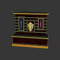 Elegant Crimson Marble Display Cabinet With Gold Accents And Decorative Swords Shield