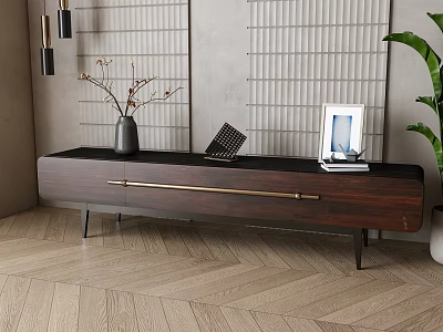 Dark Wooden TV Stand With Brass Accents On Herringbone Floor And Decorative Vase Photo Frame 3d model