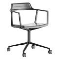 Two Modern Office Chairs With Metal Frame Armrests And Rolling Wheels In Light Dark Tones