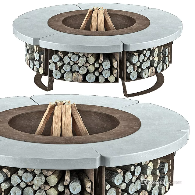 Round Outdoor Fire Pit With Gray Stone Top And Decorative Wood Log Storage 3d model 